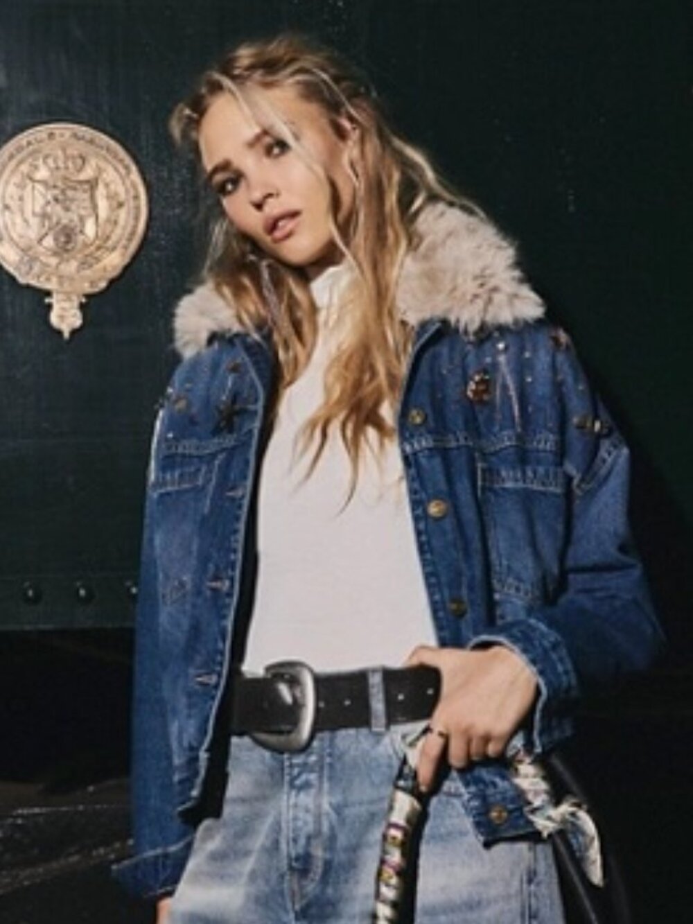 Free People Opal Swing Denim Jacket REMOVABLE Faux Fur Collar NWT XL